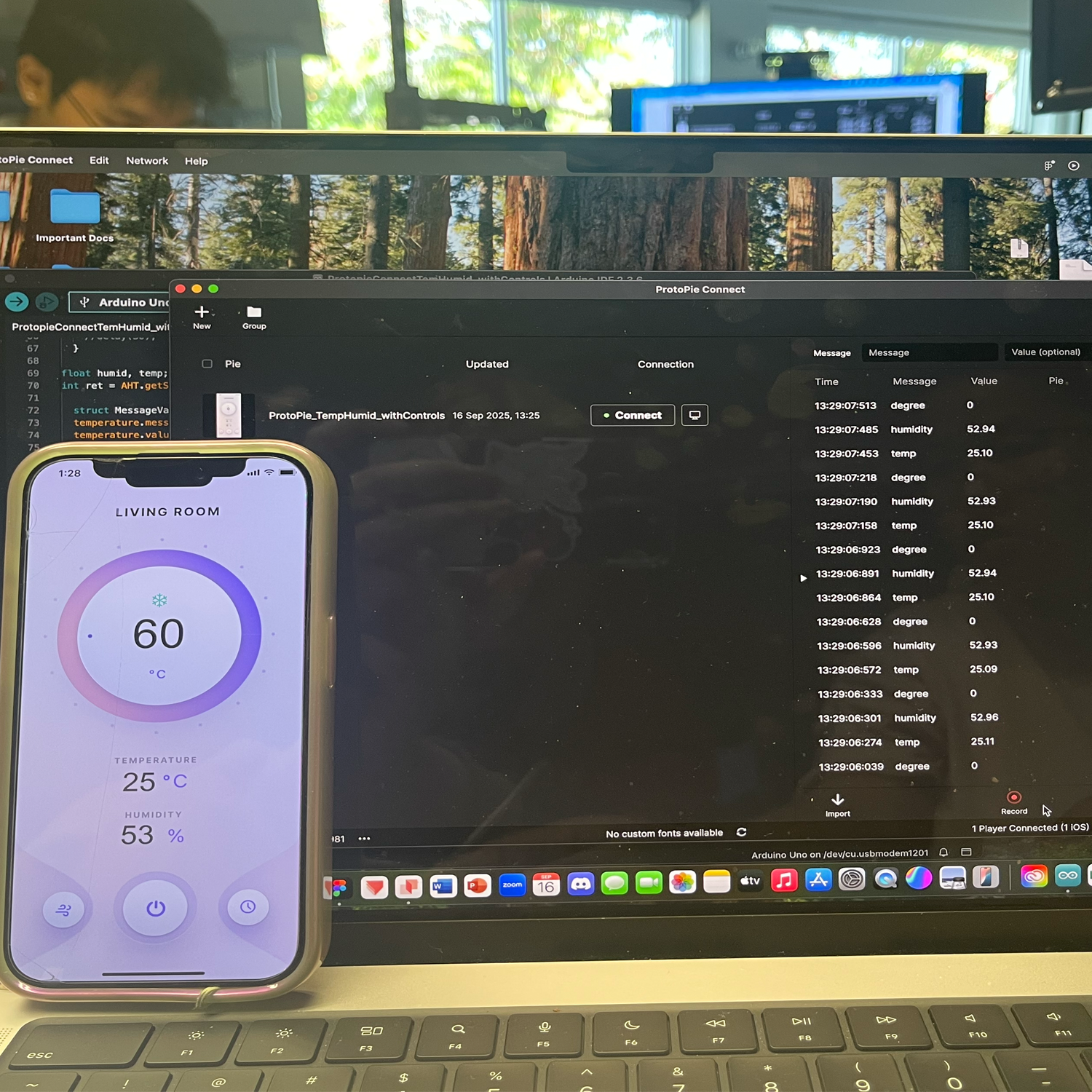 This first photo is us connecting our phone to the Protopie template provided to us in class. We had to download protopie connect and scan a QR code so that the phone would sucessfully display the prototype.