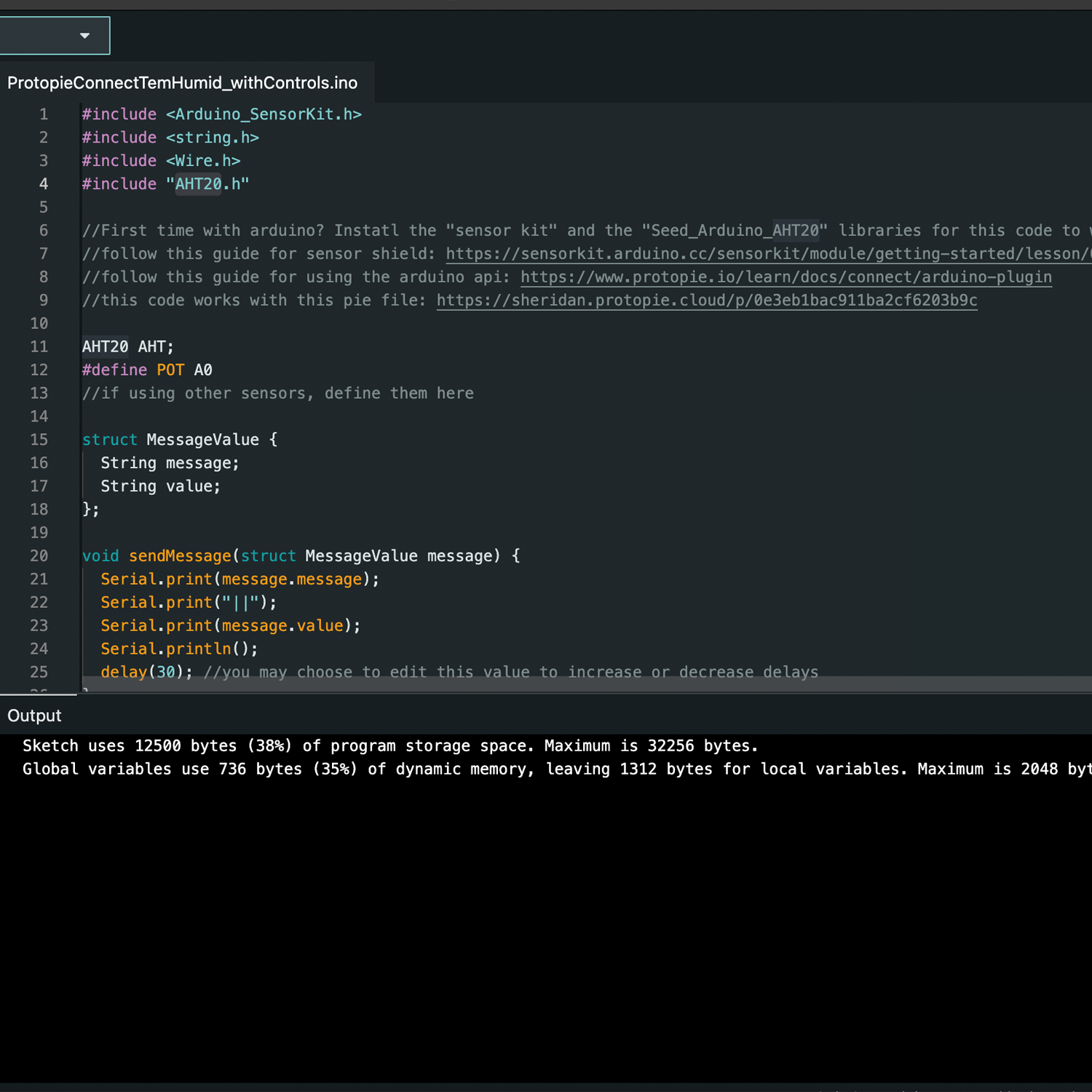 This is the code on Arduino, at this point in time we had just connected everything. We wanted to make sure everything was working and that the output was set on Protopie.