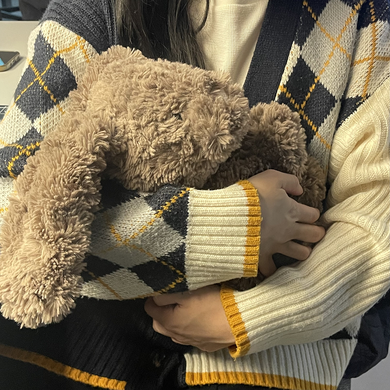 This was the most common way users held Miffy. She got lots of hugs from users, mainly cradling her or placing her face in the user's chest. We debated on cutting open her upper chest area to place a sensor in.