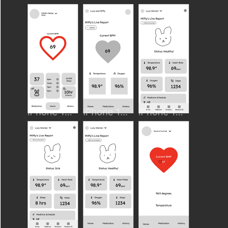 These wireframes were made in Figma by Emily, Nicole and I. Nicole did most of the heavy lifting with the wireframes. But we all ideated together on the type of frames we wanted.